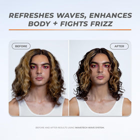 XMONDO mist on wavy hair showing enhanced texture and bounce