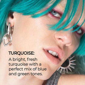 XMONDO before and after on blonde hair showing vivid turquoise result