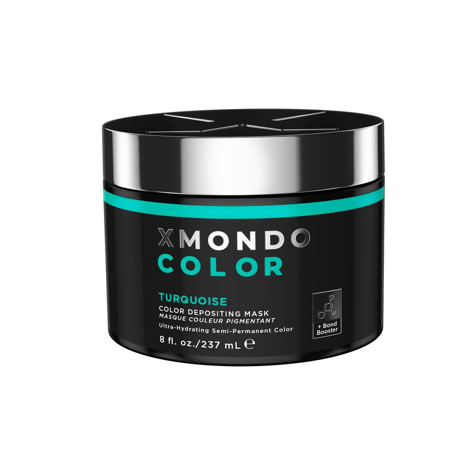 XMONDO turquoise jar front view showing bold teal pigment and benefits