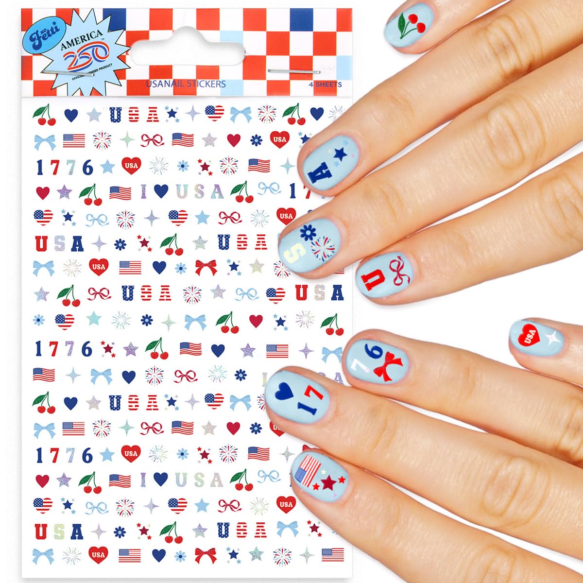 xo, Fetti front packaging showing patriotic sticker sheets and quantity benefit