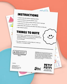xo, Fetti back sheet instructions close-up showing simple water-apply benefit