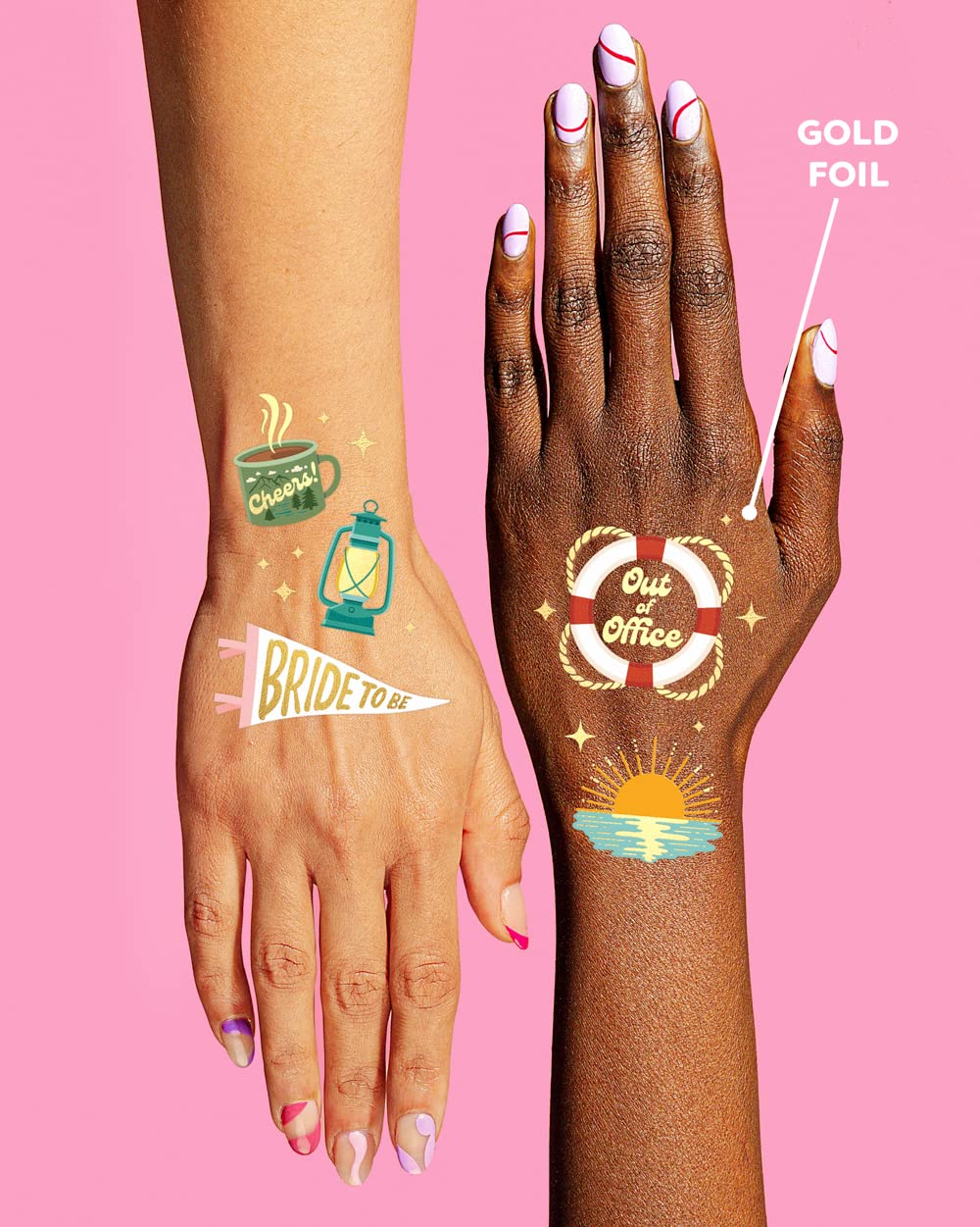 xo, Fetti arm showcasing several gold tattoos styled for photos and coordinated bridal look benefit