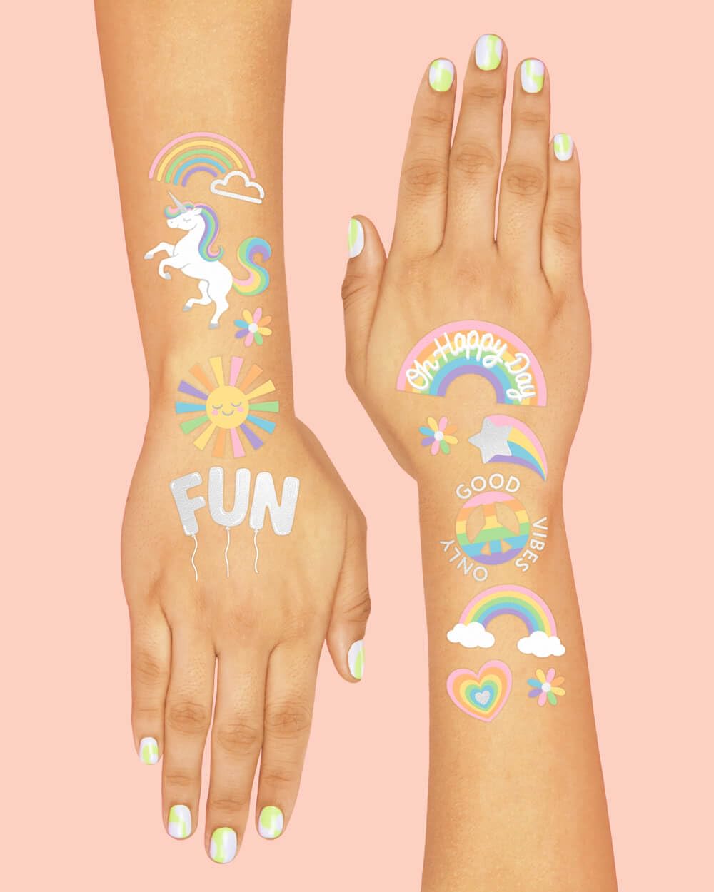 xo, Fetti child wearing rainbow tattoo on arm for playful party look