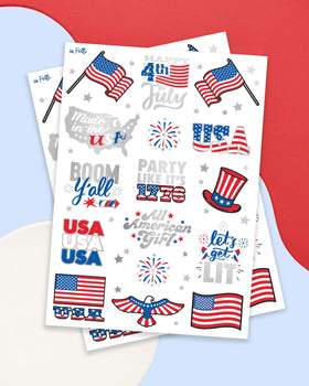 xo, Fetti close-up of tattoo sheet showing flag, eagle and fireworks details for vibrant decor
