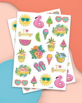 xo, Fetti close-up of foil sun and flamingo design showing vivid detail