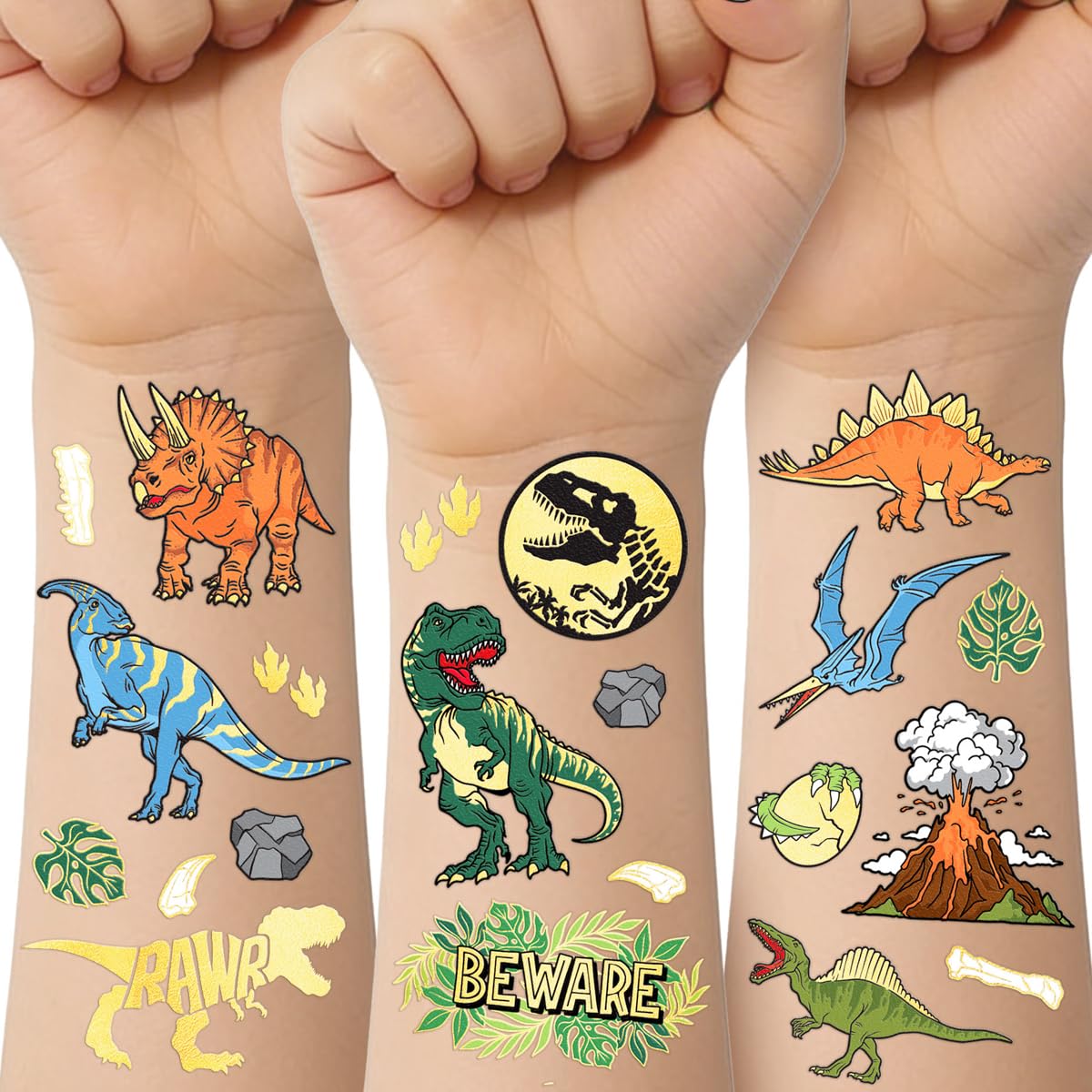 xo, Fetti front view of two tattoo sheets showing colorful dinos and gold foil benefit: easy party-ready designs