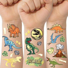 xo, Fetti front view of two tattoo sheets showing colorful dinos and gold foil benefit: easy party-ready designs