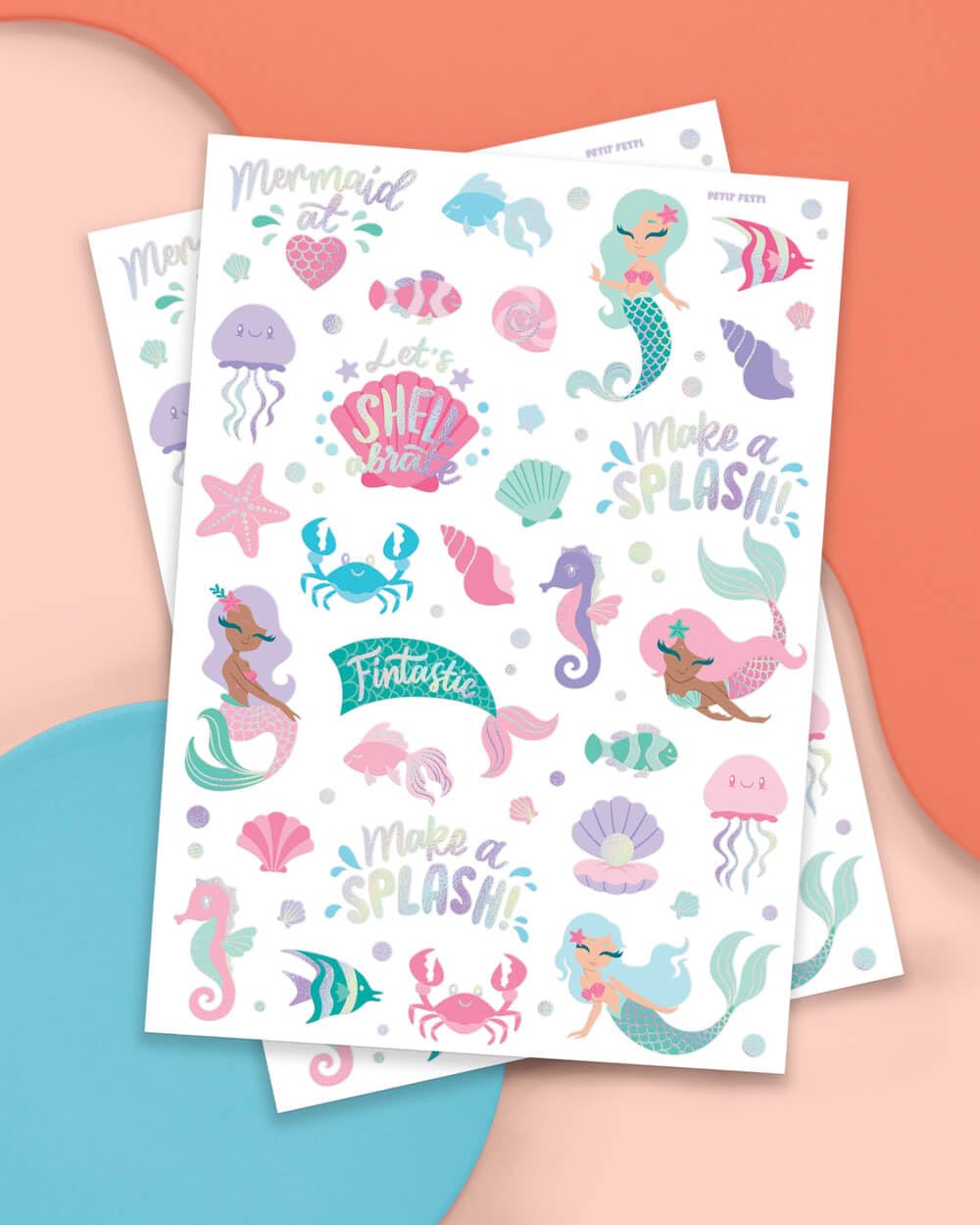 xo, Fetti close-up of iridescent foil mermaid and sea creature details for sparkle