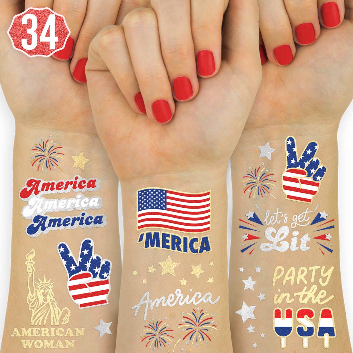 xo, Fetti front packaging showing patriotic tattoo sheets and party-ready vibe
