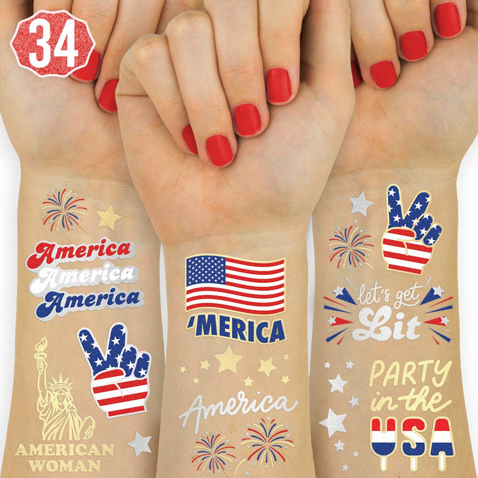 xo, Fetti front packaging showing patriotic tattoo sheets and party-ready vibe