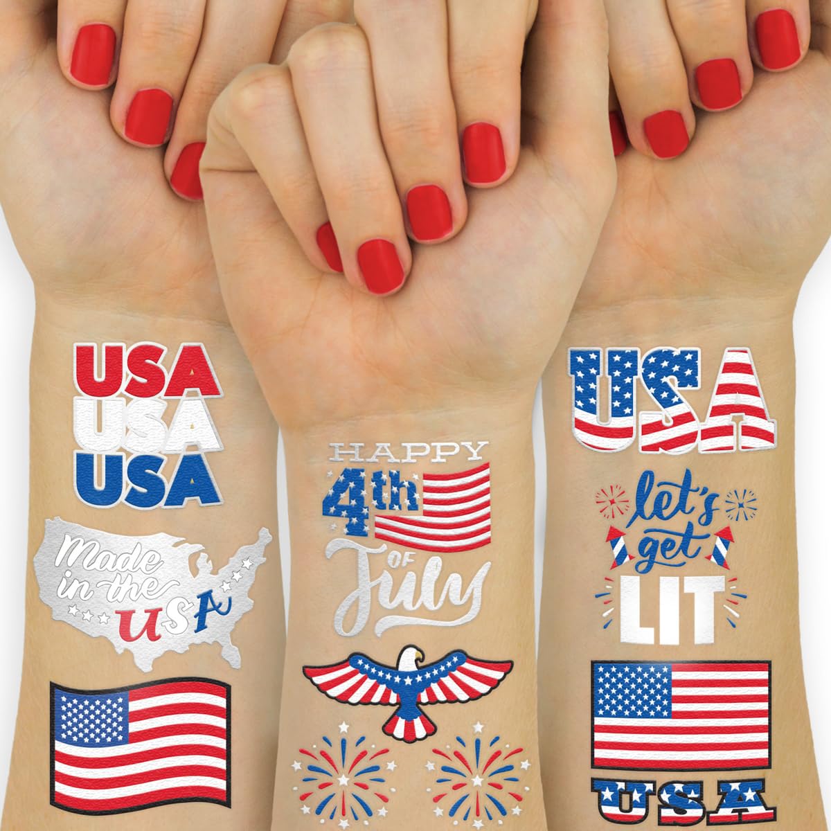 xo, Fetti front packaging showing 30 patriotic temporary tattoos and party-ready look
