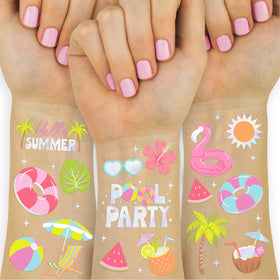 xo, Fetti front packaging showing colorful pool party tattoos and benefit of fun