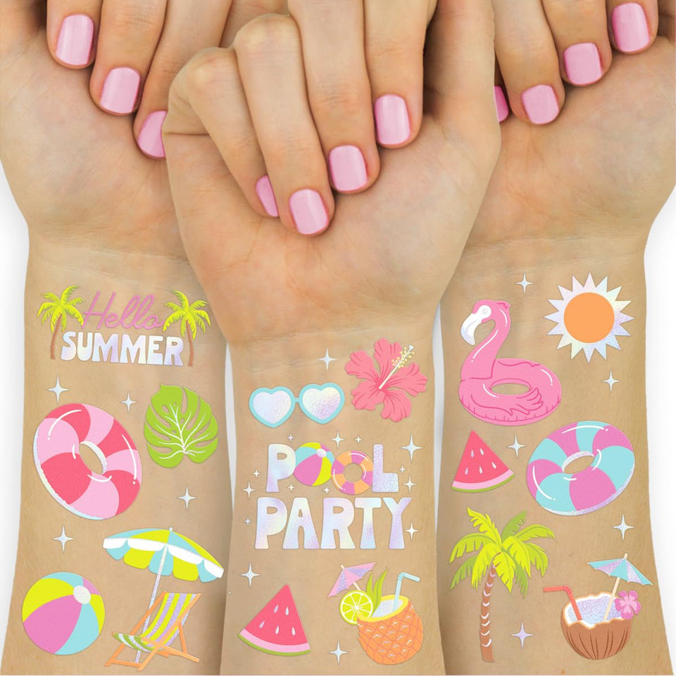 xo, Fetti front packaging showing colorful pool party tattoos and benefit of fun