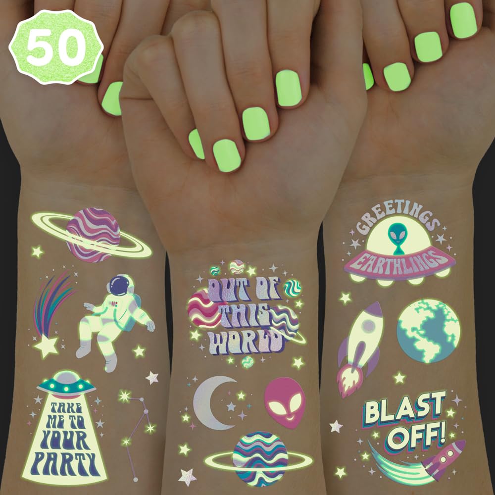 xo, Fetti front packaging showing 50 glow space tattoos and party-ready design benefits
