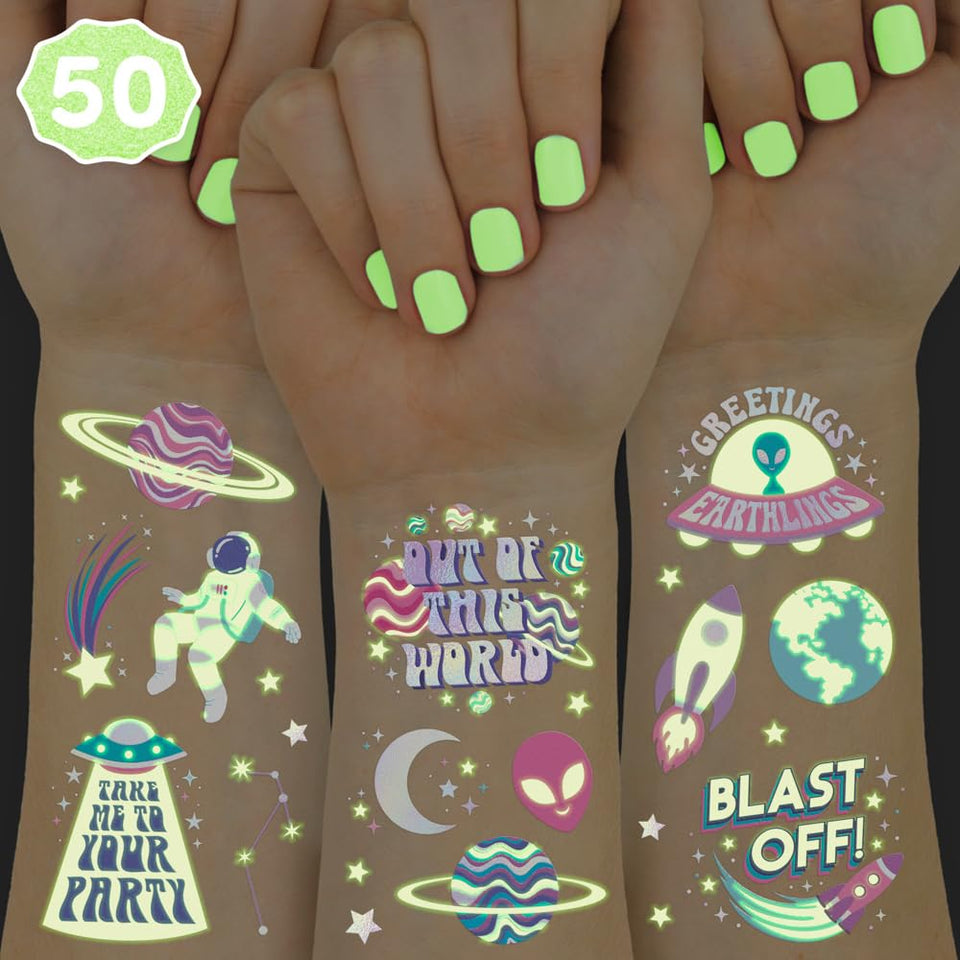 xo, Fetti front packaging showing 50 glow space tattoos and party-ready design benefits