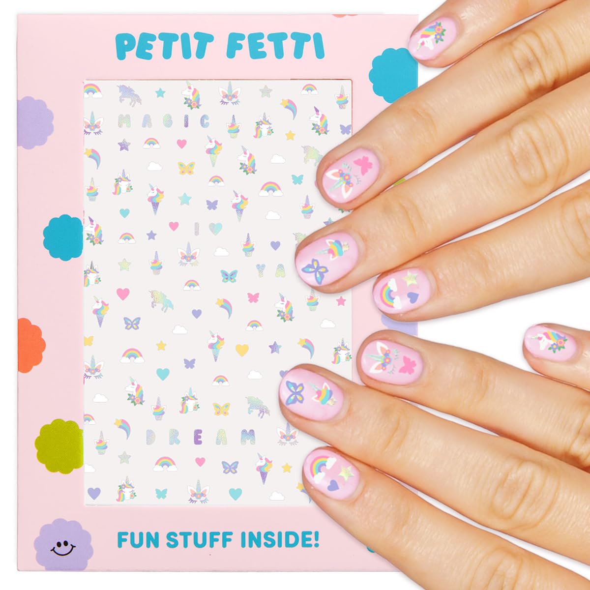 xo, Fetti front packaging showing four colorful sticker sheets and benefits for party use