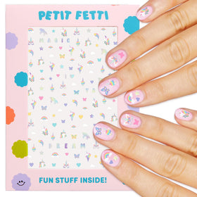 xo, Fetti front packaging showing four colorful sticker sheets and benefits for party use