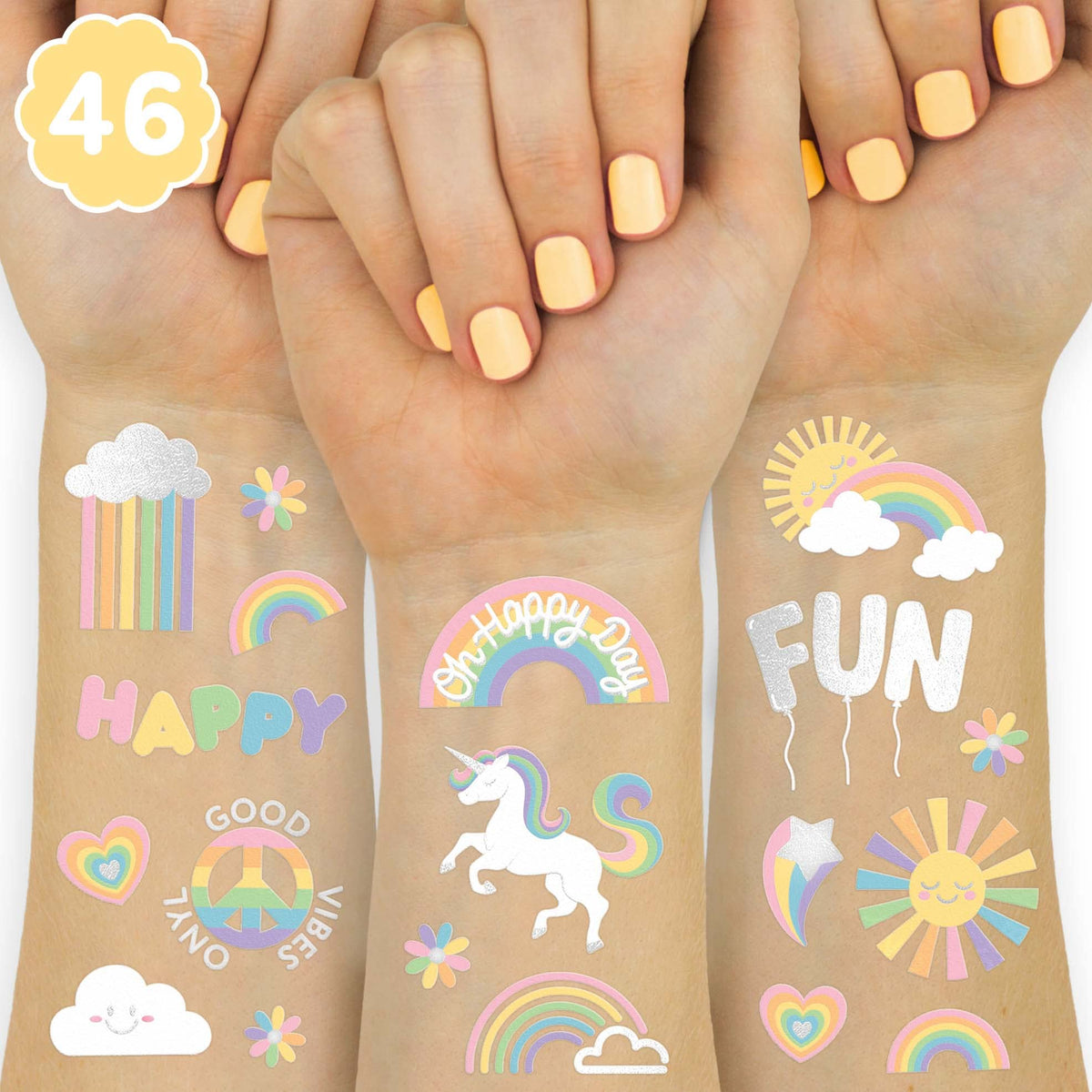 xo, Fetti front packaging showing pastel rainbow tattoo set and brand
