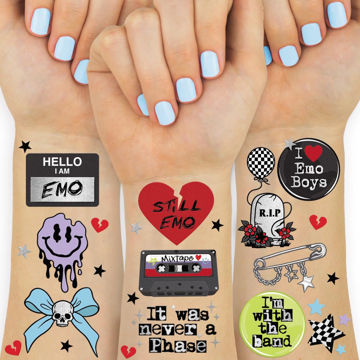 xo, Fetti front sheet showing 54 emo tattoo designs and party-ready patterns