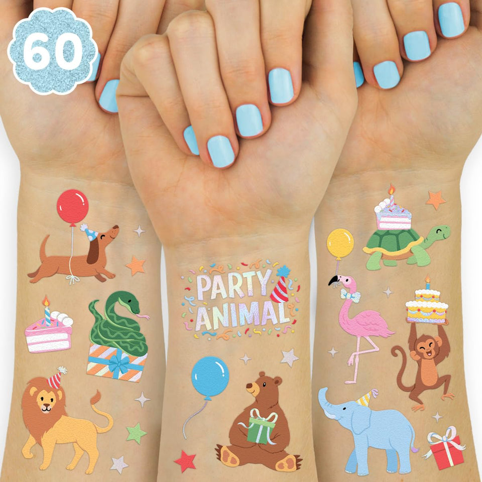 xo, Fetti front sheet showing 60 foil animal and party tattoo designs for easy sharing