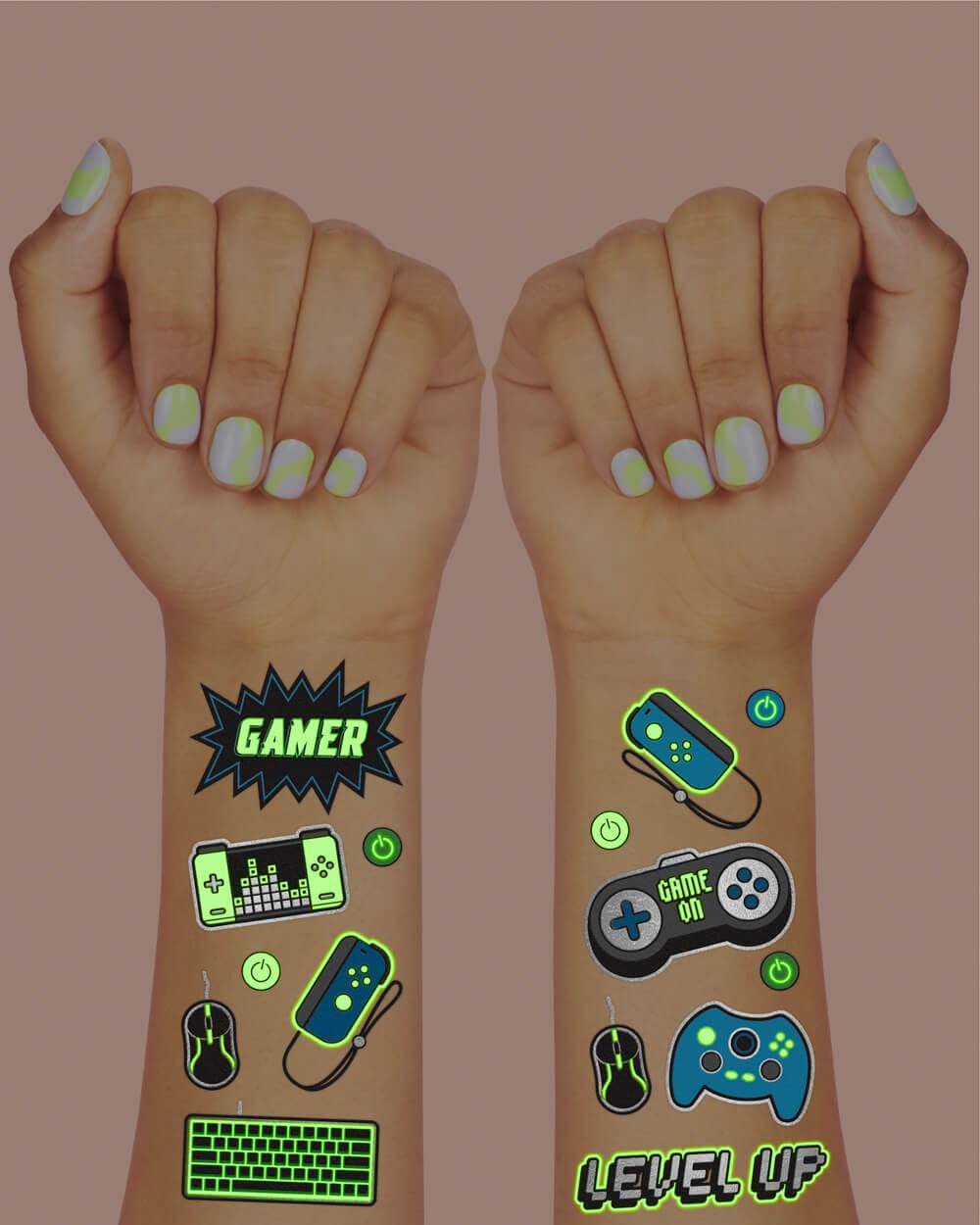 xo, Fetti glow-in-the-dark tattoos glowing under low light, fun nighttime effect