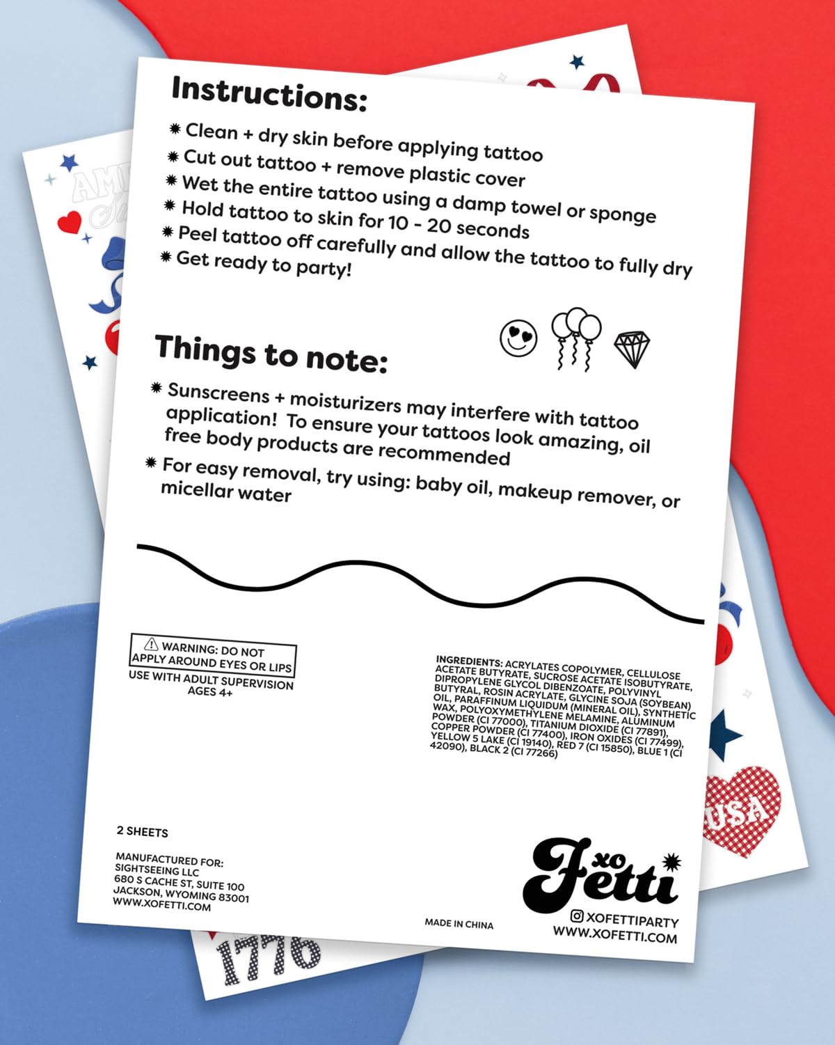 xo, Fetti product label and contents view to show included sheets