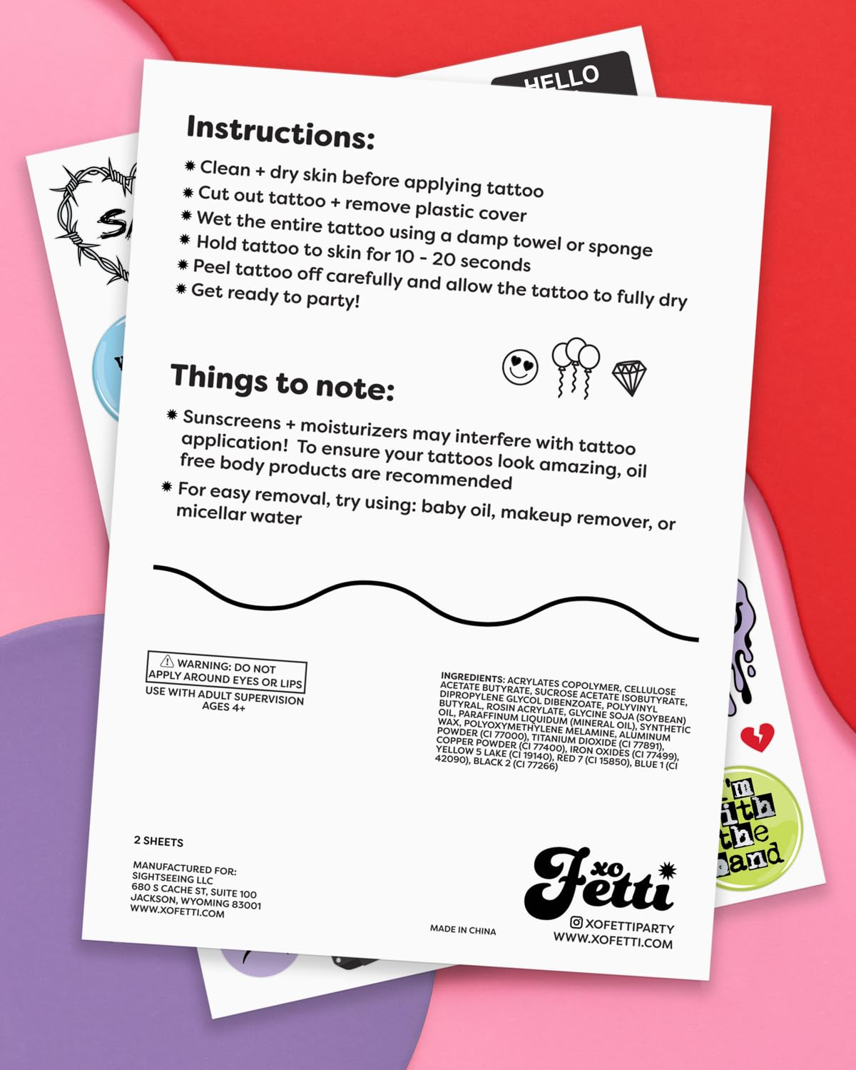 xo, Fetti label close-up showing safety info and skin-safe features