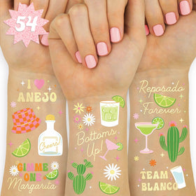 xo, Fetti pack front showing 54 margarita temporary tattoos and gold accents for parties