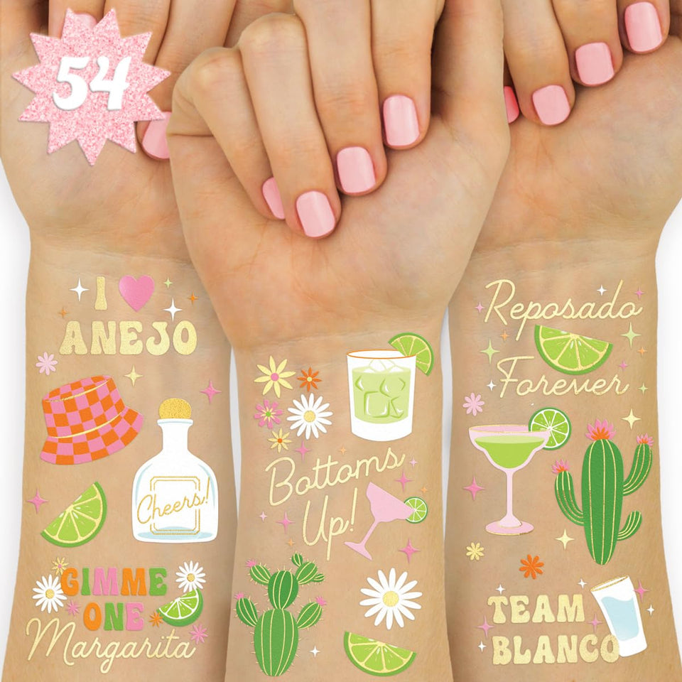 xo, Fetti pack front showing 54 margarita temporary tattoos and gold accents for parties