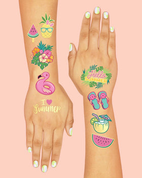 xo, Fetti tattoo on a child’s arm at a pool showing playful, waterproof fun