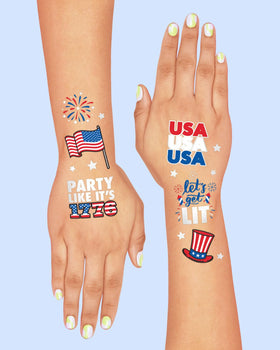 xo, Fetti temporary tattoo worn at a backyard party adding festive red white blue spirit