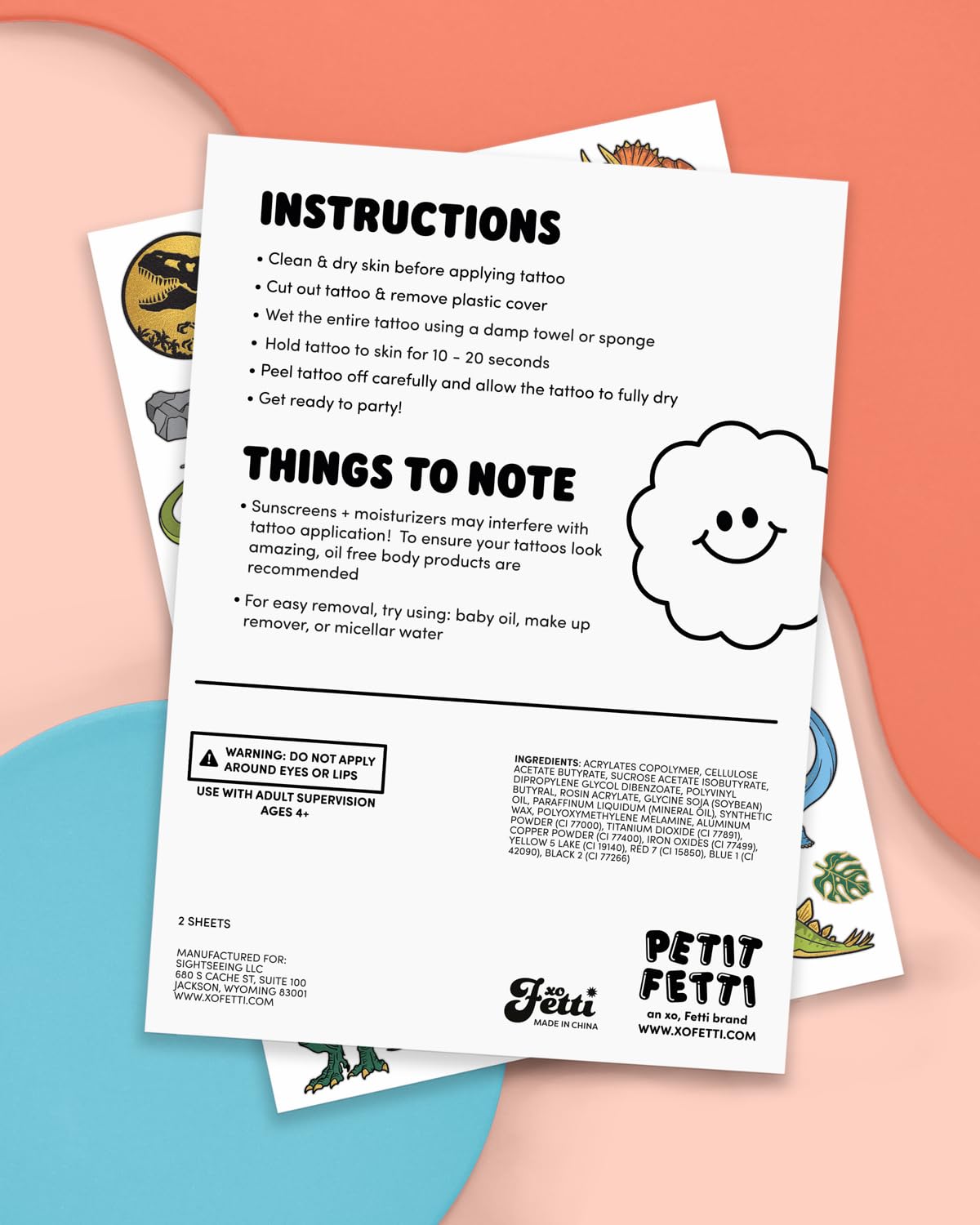 xo, Fetti packaged sheets with visible instructions showing ready-to-use convenience