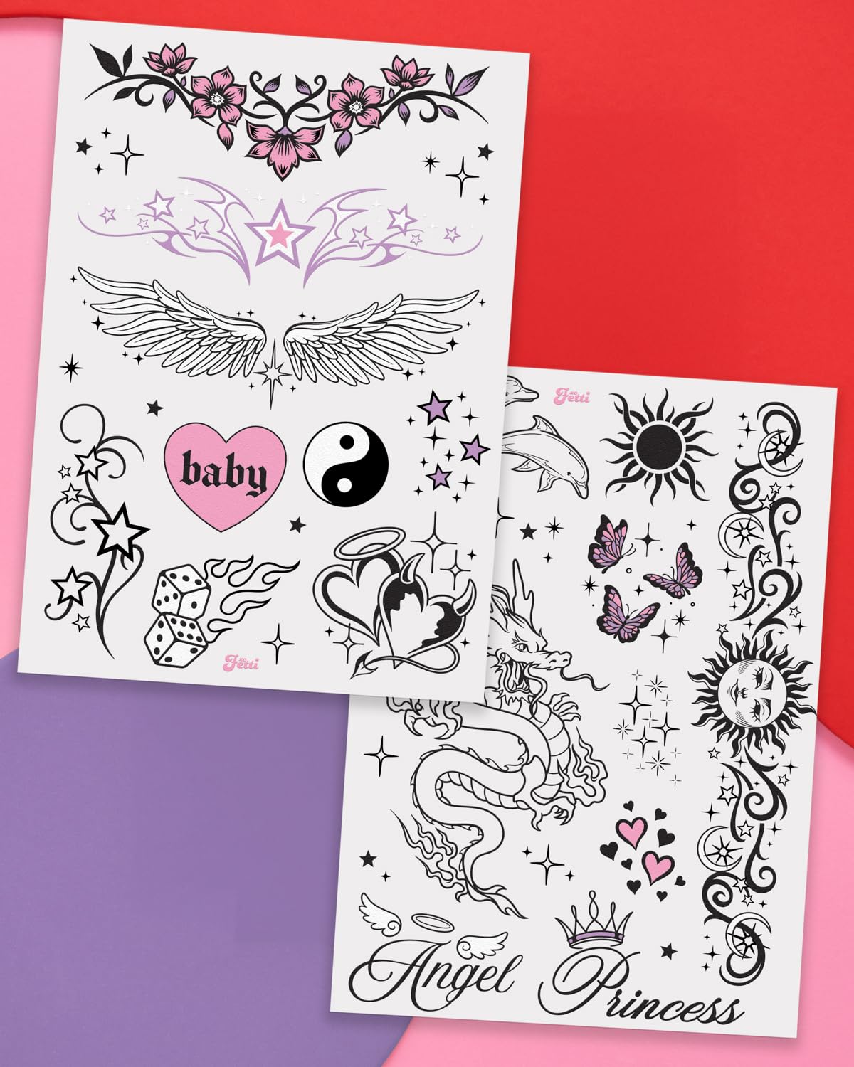 xo, Fetti sheet close-up displaying detailed Y2K designs for customization