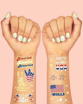 xo, Fetti full sheet layout of 34 red white blue tattoos for variety