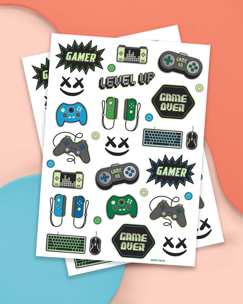 xo, Fetti close-up of tattoo sheet showing controllers and keyboard details, clear design
