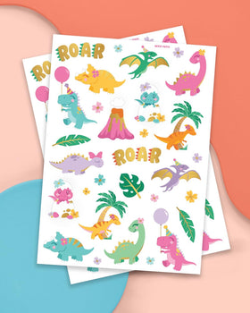 xo, Fetti close-up of tattoo sheet showing colored dinosaur artwork and details