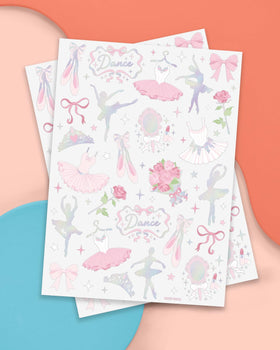 xo, Fetti two tattoo sheets laid flat showing variety of tiaras, tutus, dancers