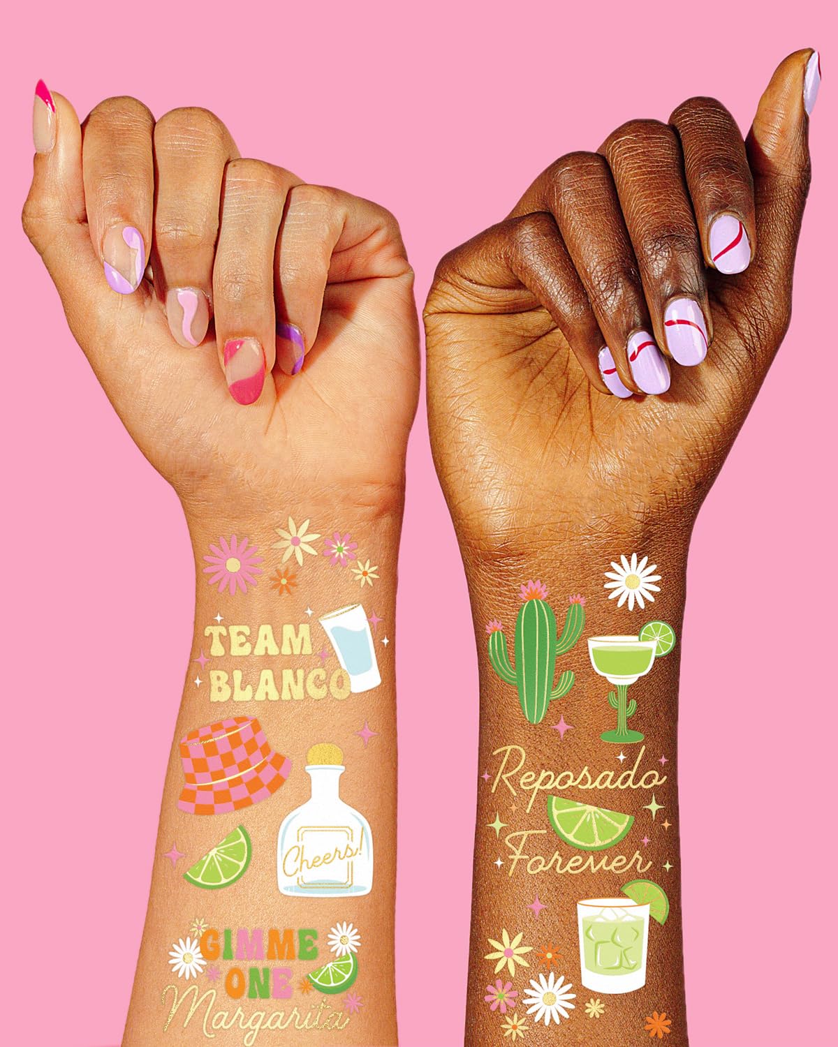 xo, Fetti tattoo sheet detail with varied margarita, cactus, and lime designs for easy selection