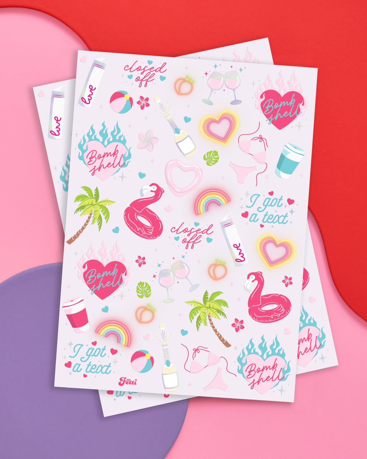 xo, Fetti two tattoo sheets laid flat illustrating all 64 designs for variety
