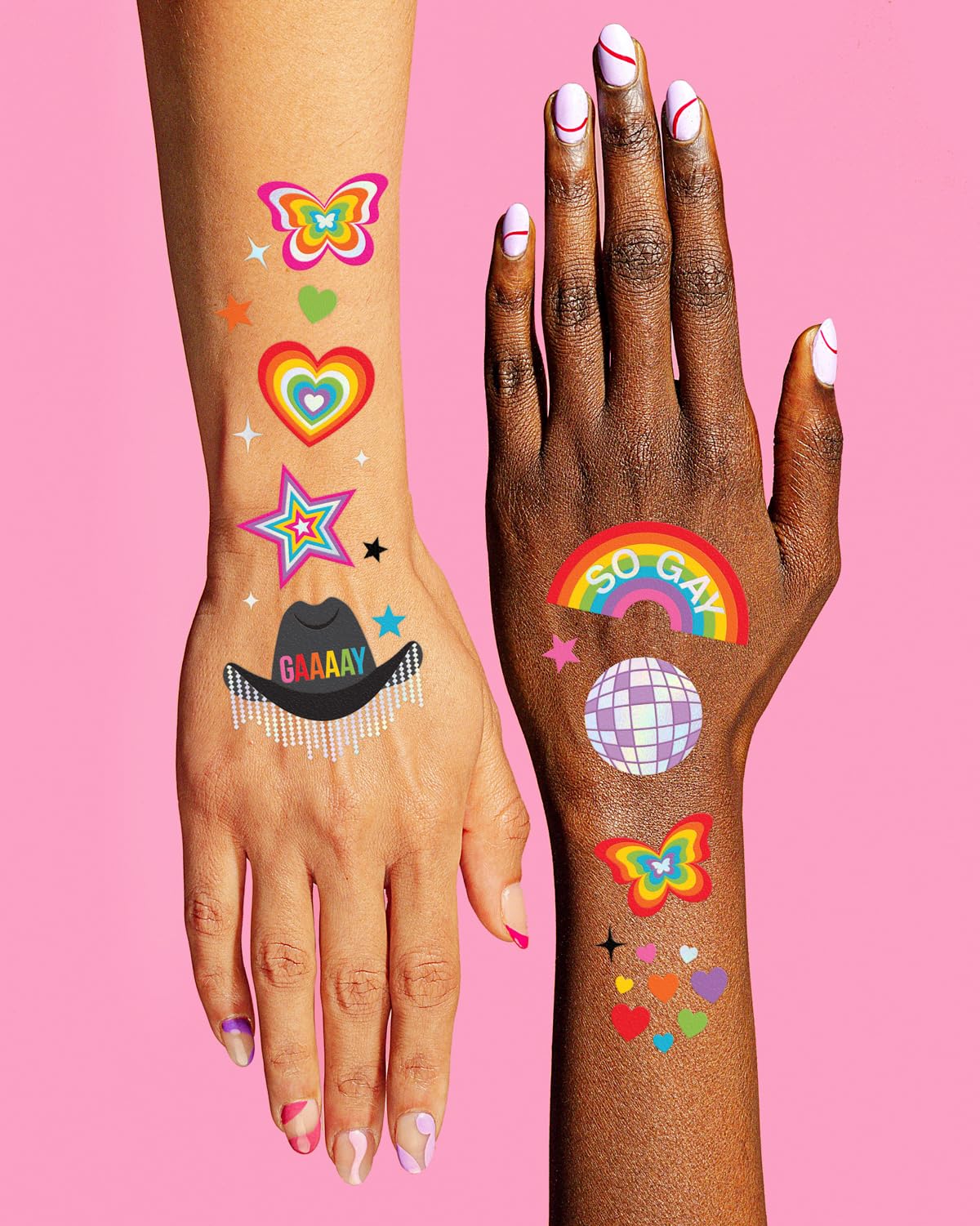 xo, Fetti assortment laid on table showing variety of rainbows and phrases