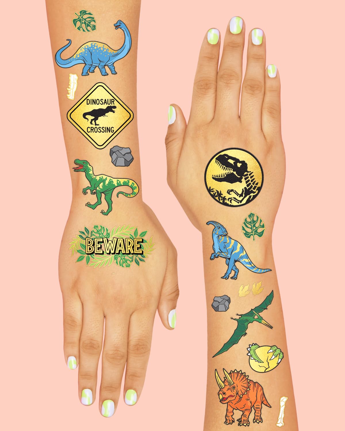 xo, Fetti assortment of T-Rex, Triceratops, volcano and footprint designs offering variety for guests