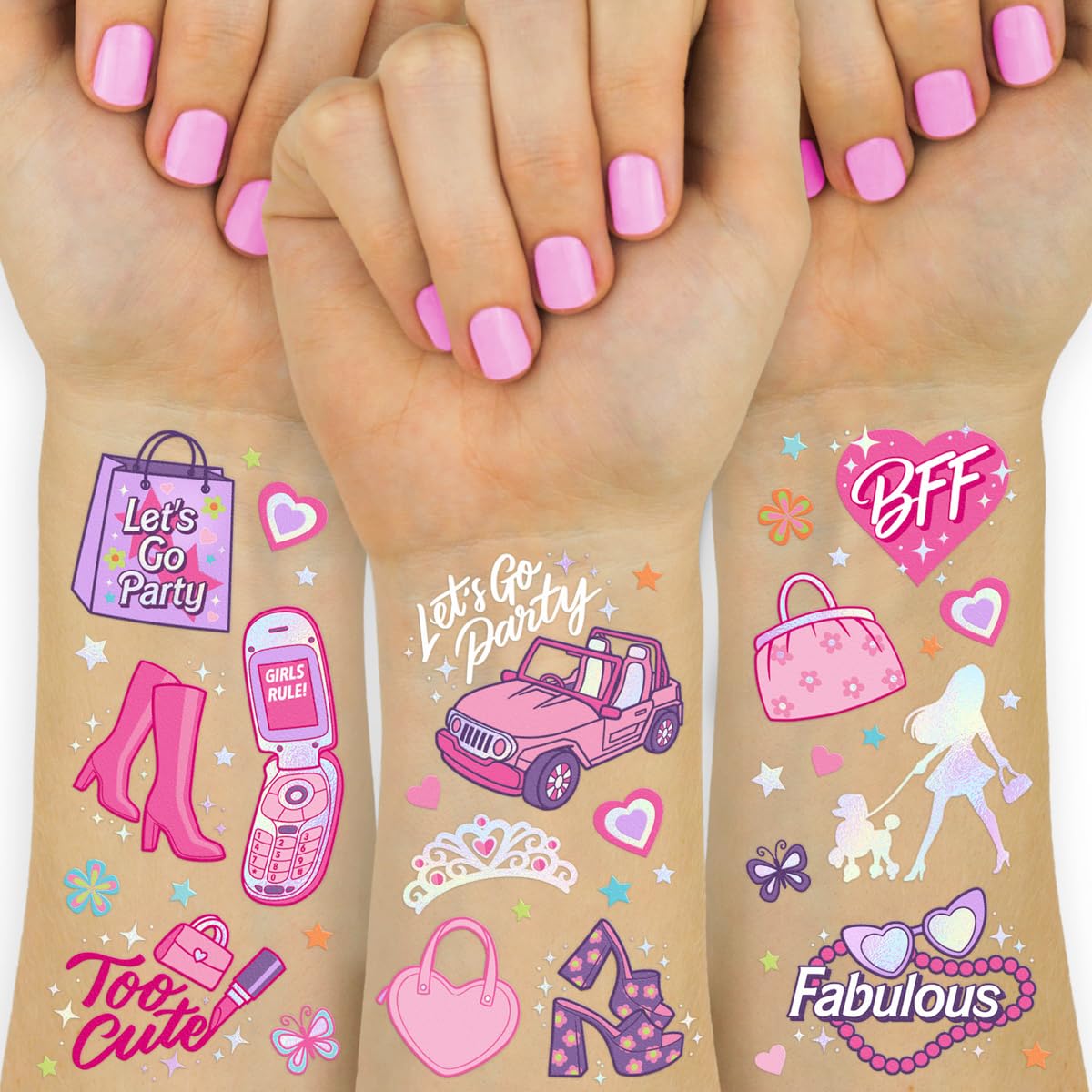 xo, Fetti pack front showing four pink tattoo sheets and bright packaging benefit: clear product view