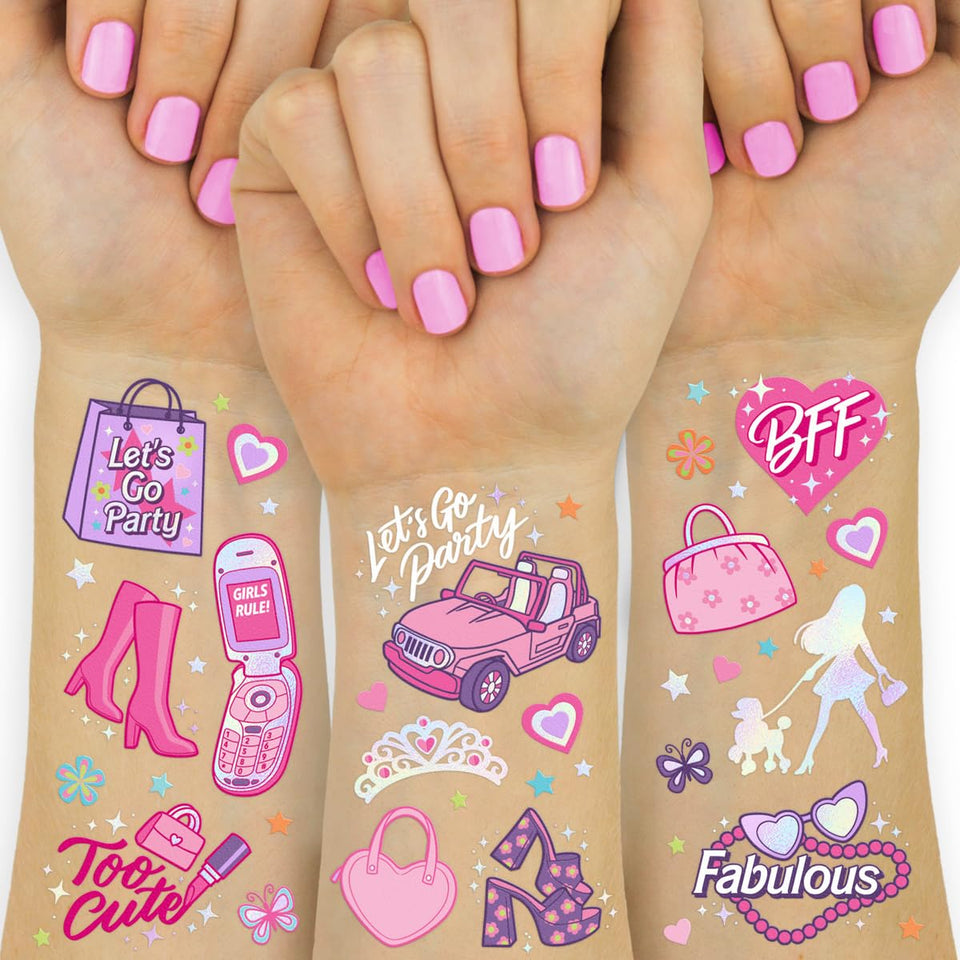 xo, Fetti pack front showing four pink tattoo sheets and bright packaging benefit: clear product view