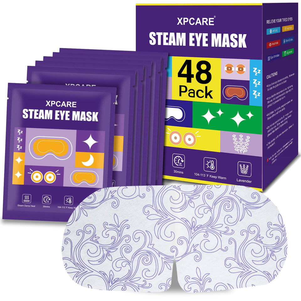 XPCARE front packaging showing 48 lavender steam eye masks and benefits