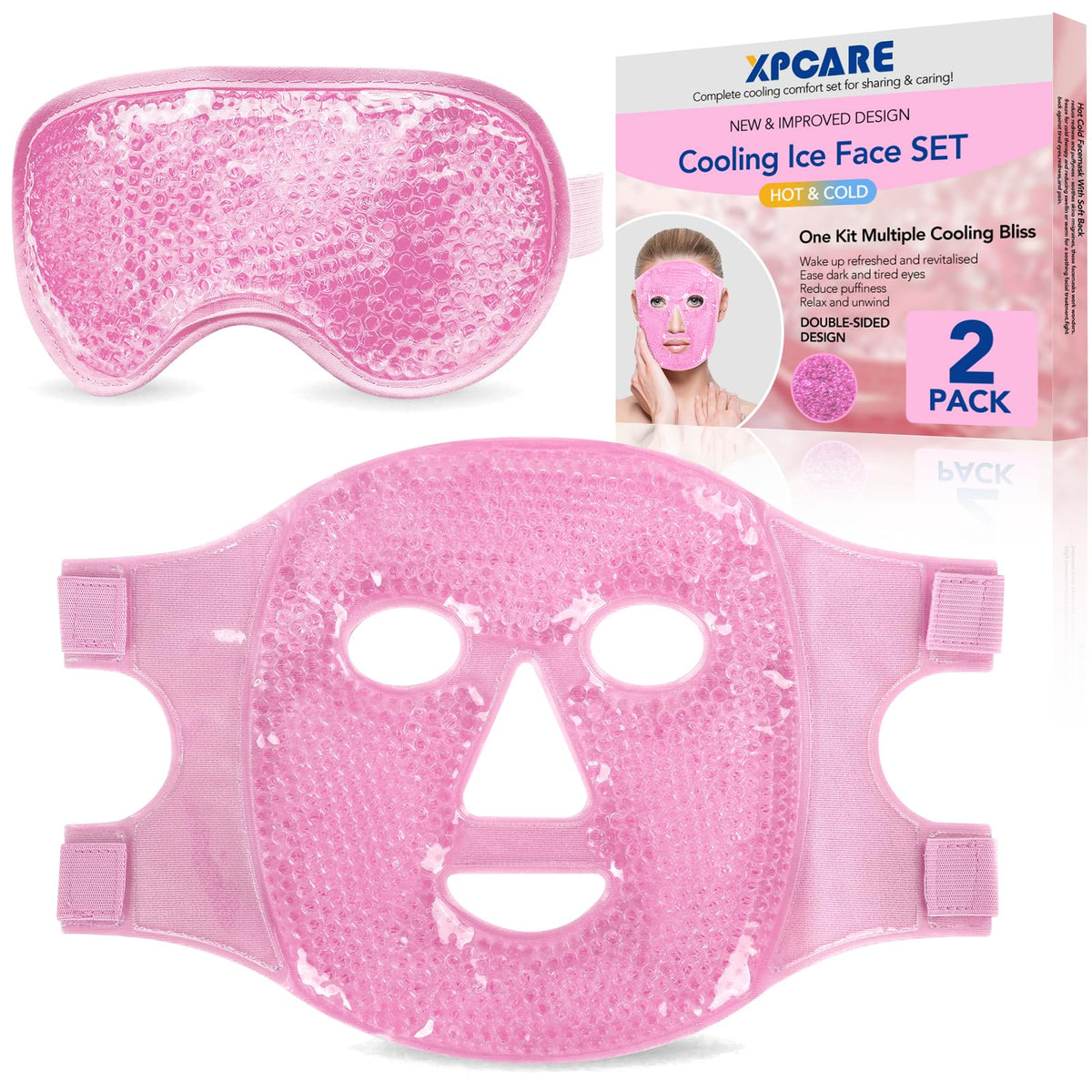 XPCARE front packaging in pink showing both face and eye masks and clear benefit