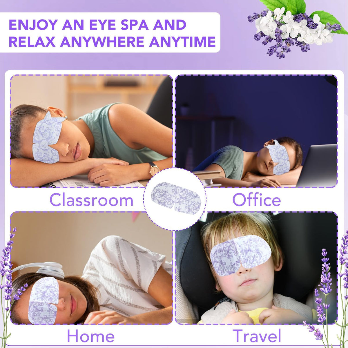 XPCARE lavender masks displayed in spa-like setting, calming aroma and comfort