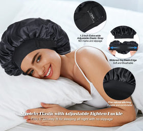 XRACEPHOL model sleeping with bonnet demonstrating reduced frizz benefit