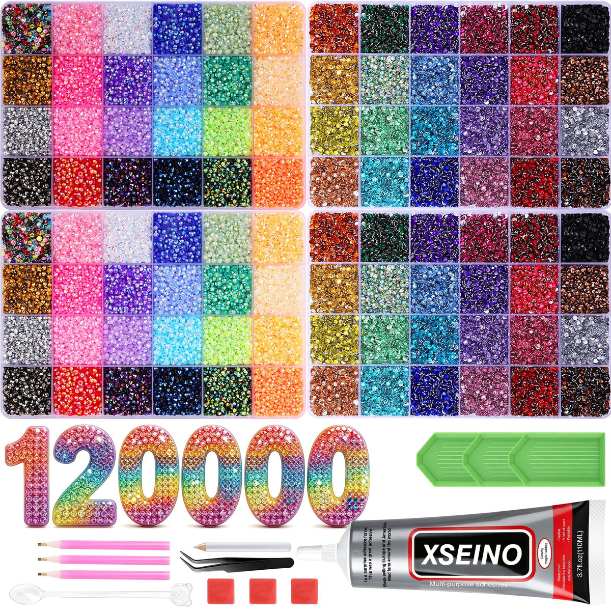 XSEINO front packaging showing complete bedazzling kit and quantity