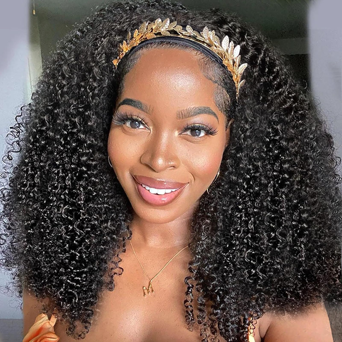 XSY front view of kinky curly headband wig showing natural fullness benefit