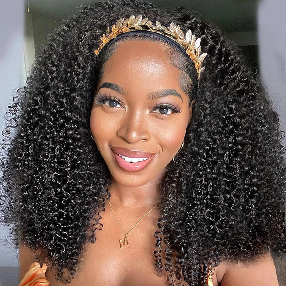 XSY front view of kinky curly headband wig showing natural fullness benefit